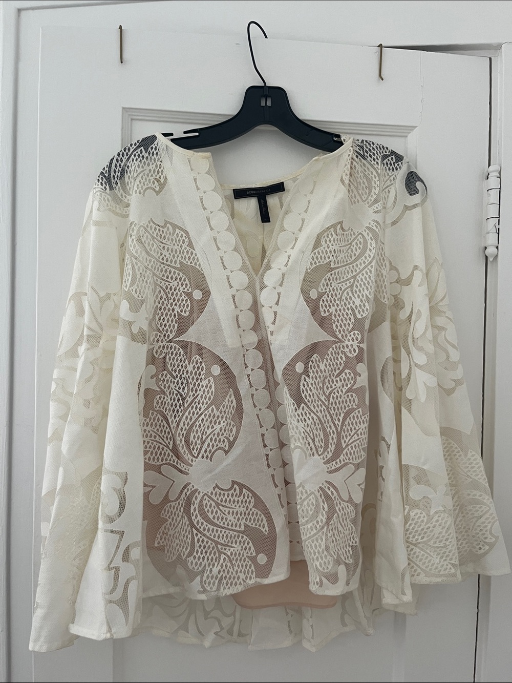 BCBGMaxAzria Ivory Lace Overlay V-Neck Blouse